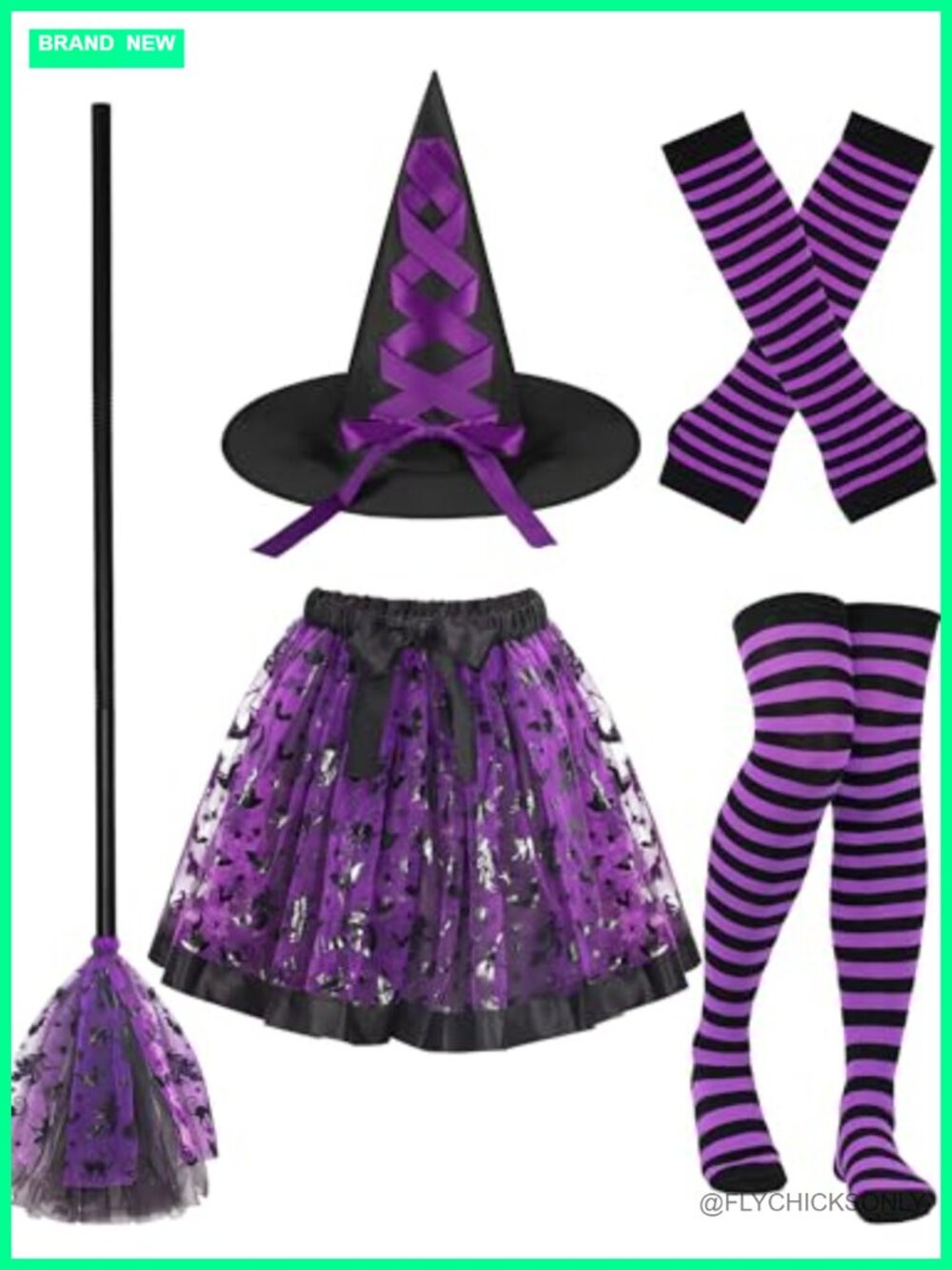 5-Piece Witch Costume Set for Women Halloween Tutu Skirt Hat Broom